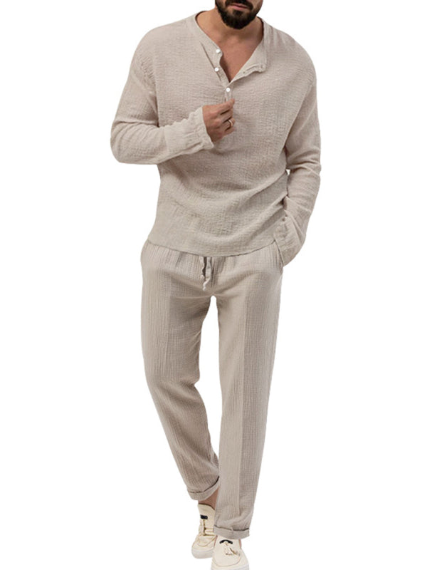 Men's solid color casual long-sleeved shirt and trousers suit - FashionistaDeal