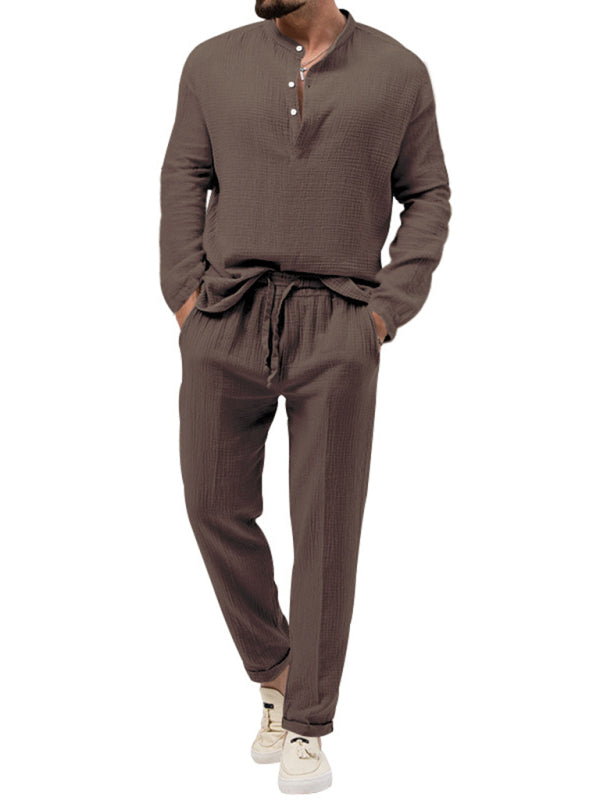 Men's solid color casual long-sleeved shirt and trousers suit - FashionistaDeal