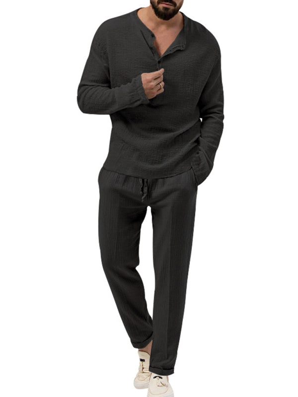 Men's solid color casual long-sleeved shirt and trousers suit - FashionistaDeal