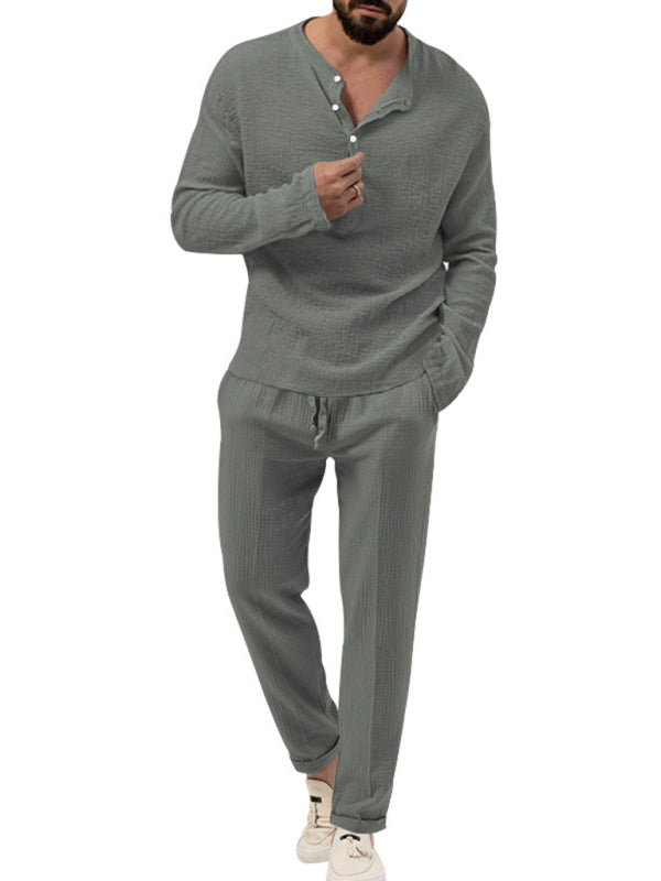 Men's solid color casual long-sleeved shirt and trousers suit - FashionistaDeal