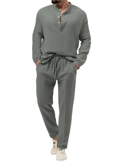 Men's solid color casual long-sleeved shirt and trousers suit - FashionistaDeal