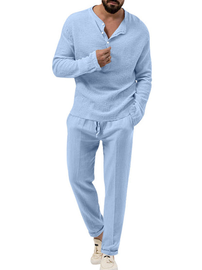 Men's solid color casual long-sleeved shirt and trousers suit - FashionistaDeal