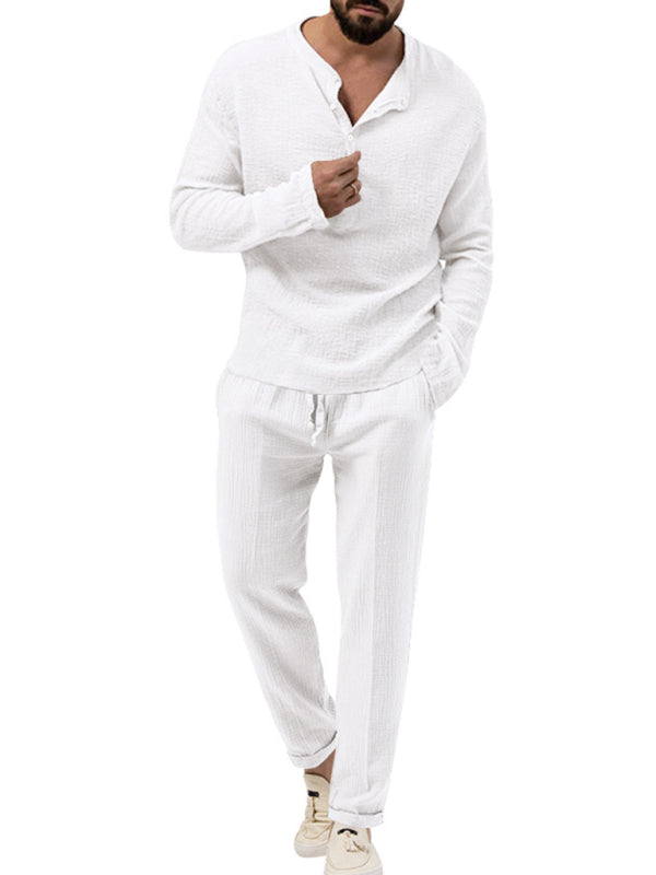 Men's solid color casual long-sleeved shirt and trousers suit - FashionistaDeal