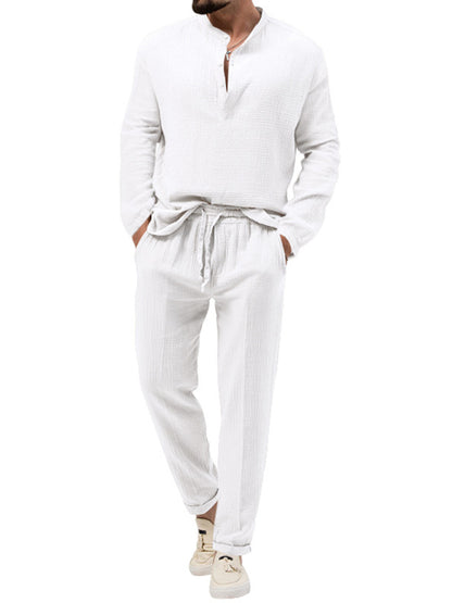 Men's solid color casual long-sleeved shirt and trousers suit - FashionistaDeal