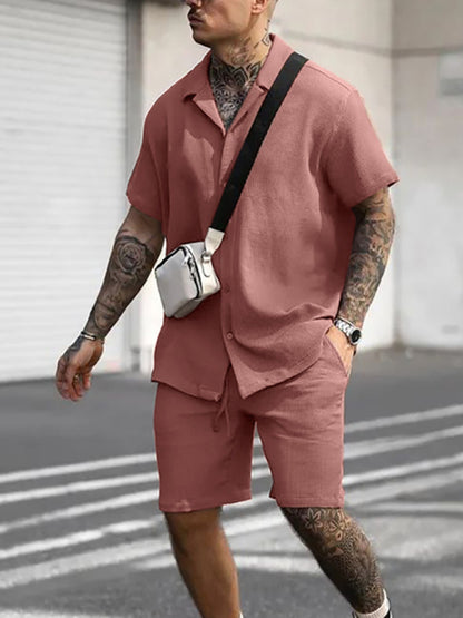 Men's Casual Comfortable Button Lapel Short Sleeve Shorts Set - FashionistaDeal