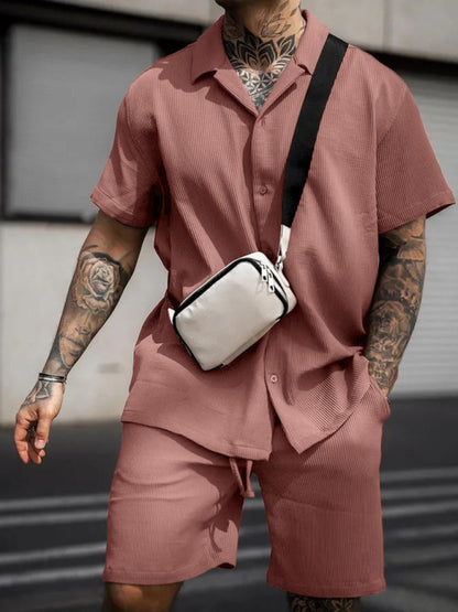 Men's Casual Comfortable Button Lapel Short Sleeve Shorts Set - FashionistaDeal