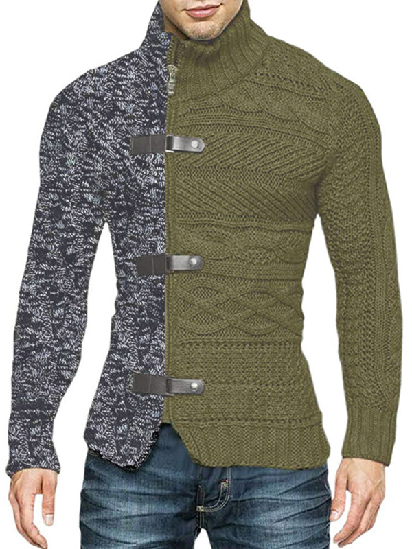 Men's high -necked color skin buckle long -sleeved knit sweater cardigan - FashionistaDeal