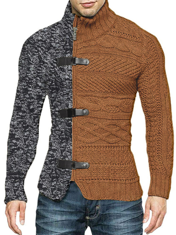 Men's high -necked color skin buckle long -sleeved knit sweater cardigan - FashionistaDeal