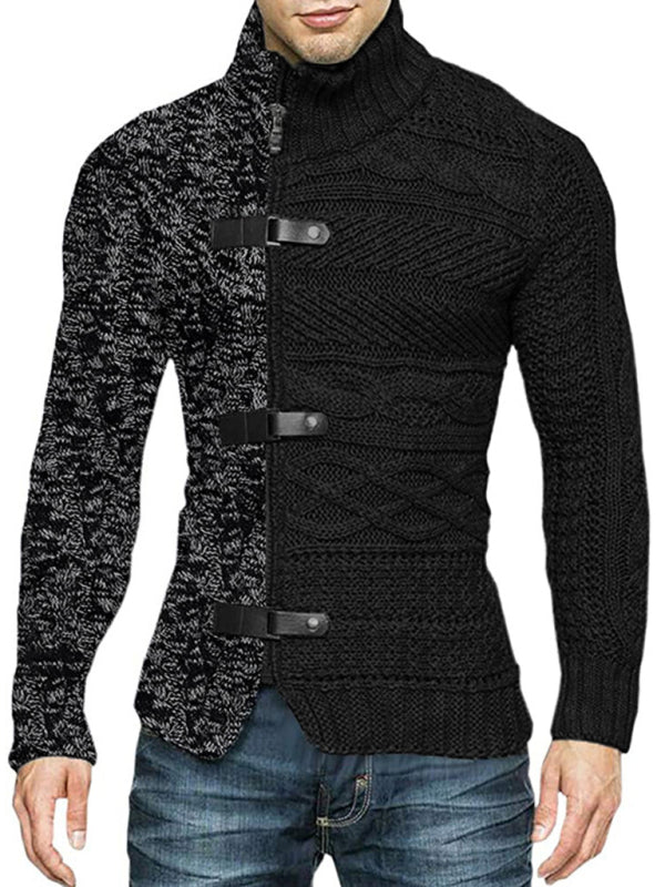 Men's high -necked color skin buckle long -sleeved knit sweater cardigan - FashionistaDeal