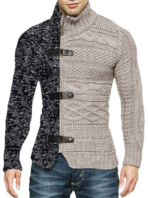 Men's high -necked color skin buckle long -sleeved knit sweater cardigan - FashionistaDeal