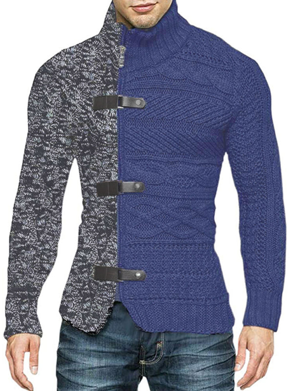 Men's high -necked color skin buckle long -sleeved knit sweater cardigan - FashionistaDeal