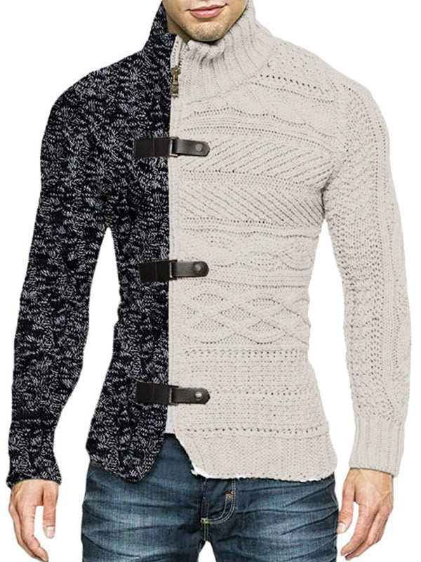 Men's high -necked color skin buckle long -sleeved knit sweater cardigan - FashionistaDeal