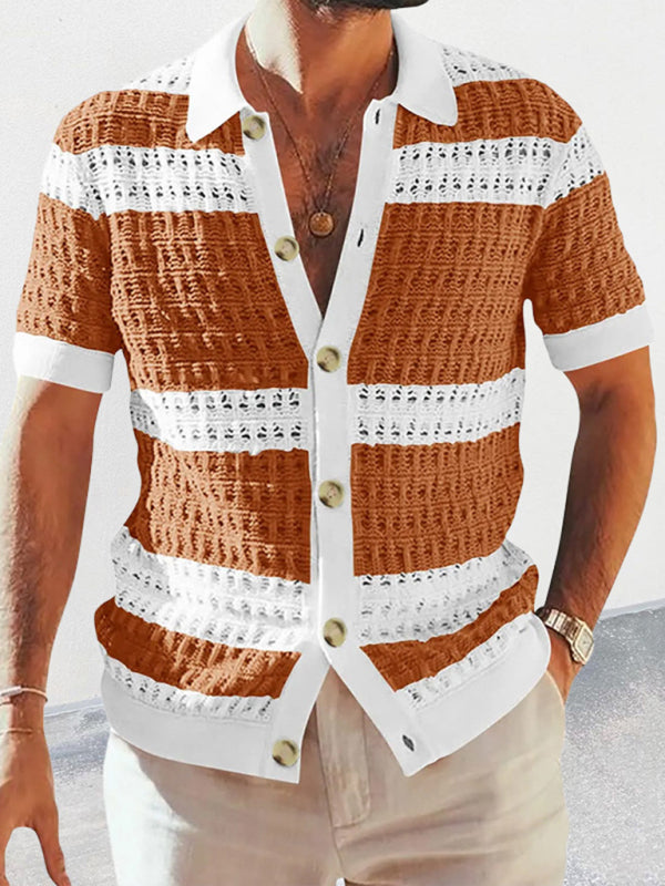 Men's new lapel short-sleeved color-blocked cardigan - FashionistaDeal