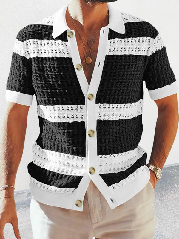 Men's new lapel short-sleeved color-blocked cardigan - FashionistaDeal