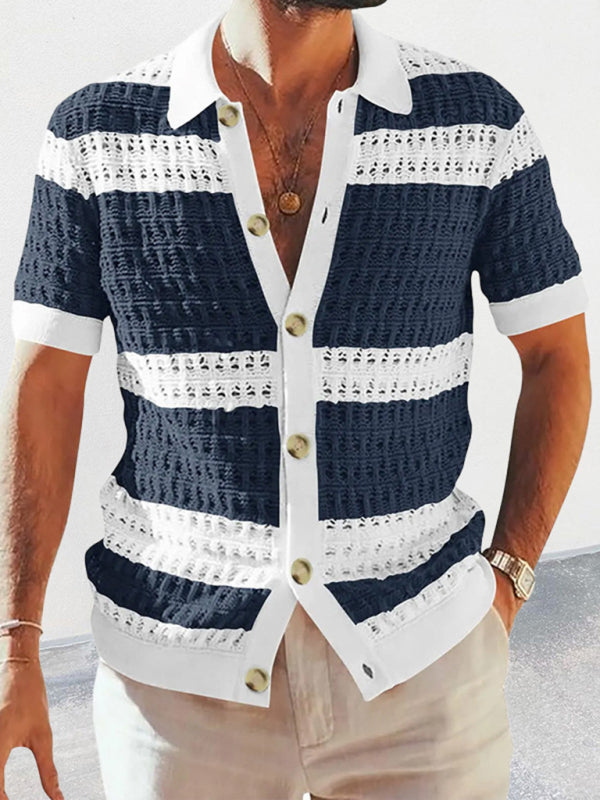 Men's new lapel short-sleeved color-blocked cardigan - FashionistaDeal