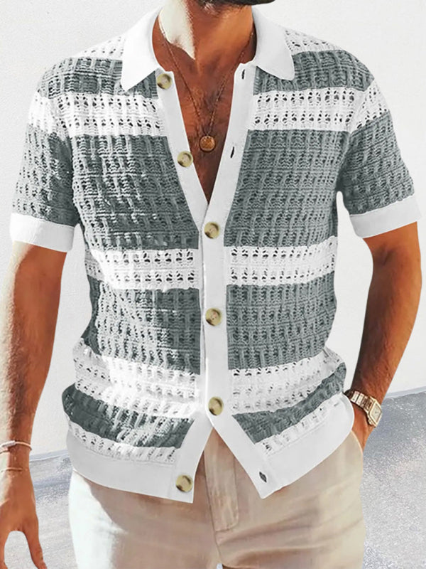 Men's new lapel short-sleeved color-blocked cardigan - FashionistaDeal