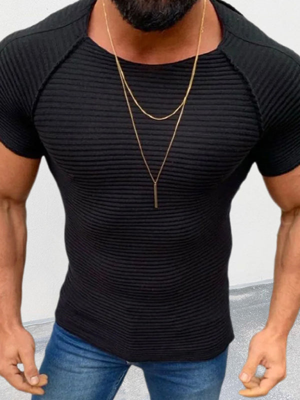 Men's new solid color slim round neck short-sleeved knitted top - FashionistaDeal