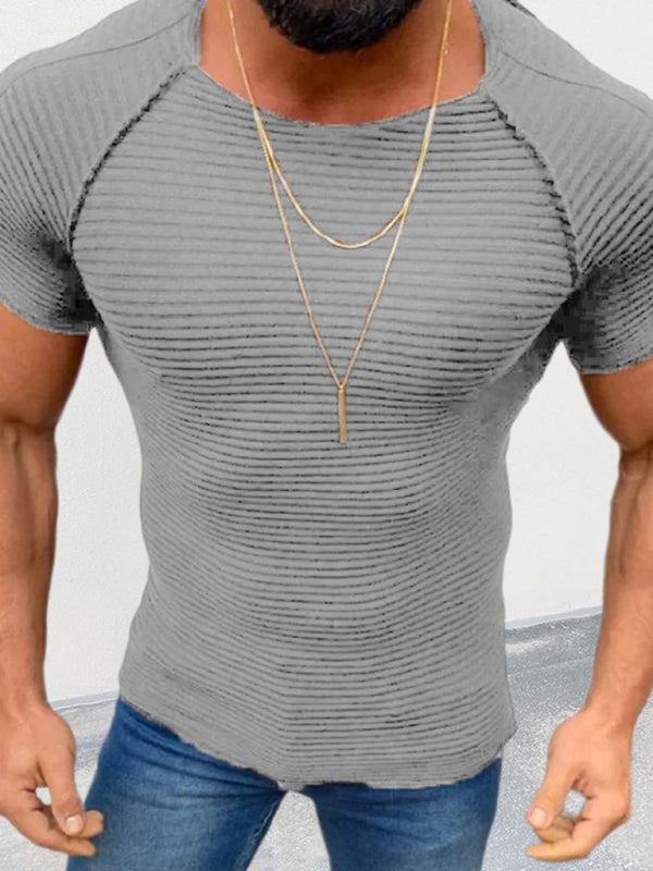 Men's new solid color slim round neck short-sleeved knitted top - FashionistaDeal