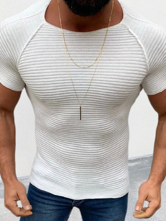 Men's new solid color slim round neck short-sleeved knitted top - FashionistaDeal