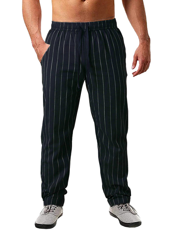 Men's vertical striped lace-up elastic waist beach pants casual trousers - FashionistaDeal