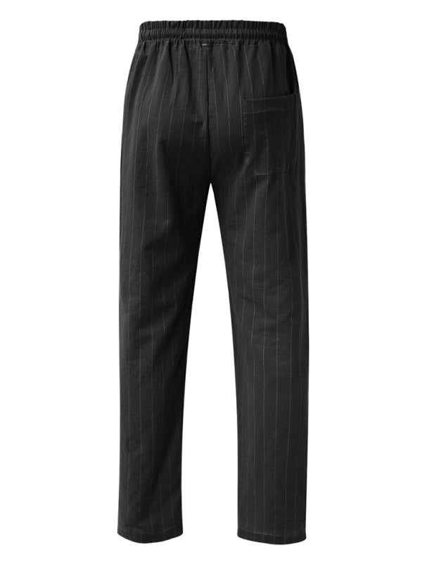 Men's vertical striped lace-up elastic waist beach pants casual trousers - FashionistaDeal