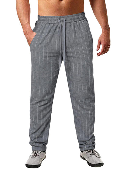 Men's vertical striped lace-up elastic waist beach pants casual trousers - FashionistaDeal