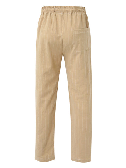 Men's vertical striped lace-up elastic waist beach pants casual trousers - FashionistaDeal