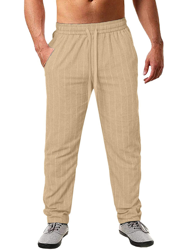 Men's vertical striped lace-up elastic waist beach pants casual trousers - FashionistaDeal