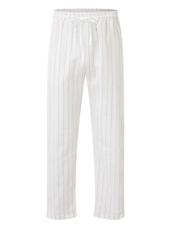 Men's vertical striped lace-up elastic waist beach pants casual trousers - FashionistaDeal