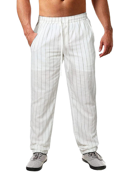 Men's vertical striped lace-up elastic waist beach pants casual trousers - FashionistaDeal