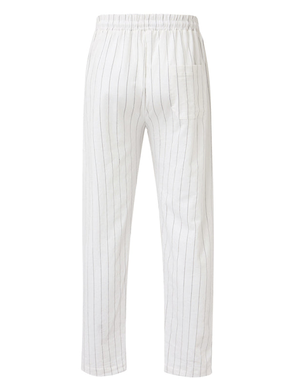 Men's vertical striped lace-up elastic waist beach pants casual trousers - FashionistaDeal