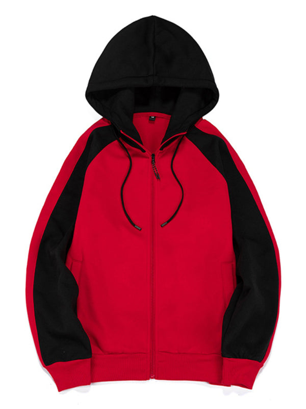 Men's casual contrasting color zipper cardigan hooded sweatshirt - FashionistaDeal