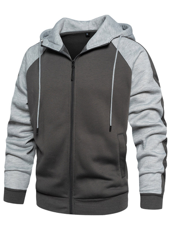 Men's casual contrasting color zipper cardigan hooded sweatshirt - FashionistaDeal