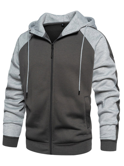 Men's casual contrasting color zipper cardigan hooded sweatshirt - FashionistaDeal