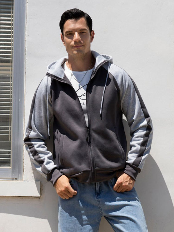 Men's casual contrasting color zipper cardigan hooded sweatshirt - FashionistaDeal