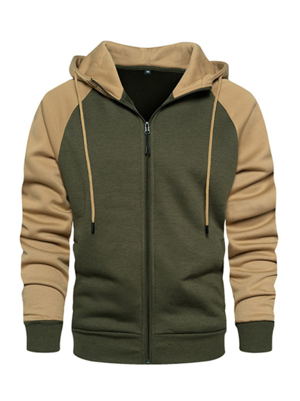 Men's casual contrasting color zipper cardigan hooded sweatshirt - FashionistaDeal