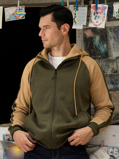 Men's casual contrasting color zipper cardigan hooded sweatshirt - FashionistaDeal