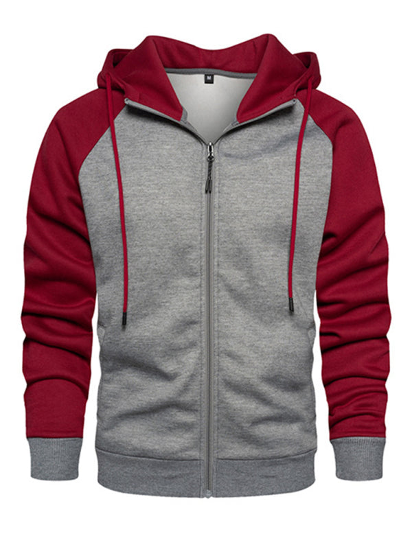 Men's casual contrasting color zipper cardigan hooded sweatshirt - FashionistaDeal