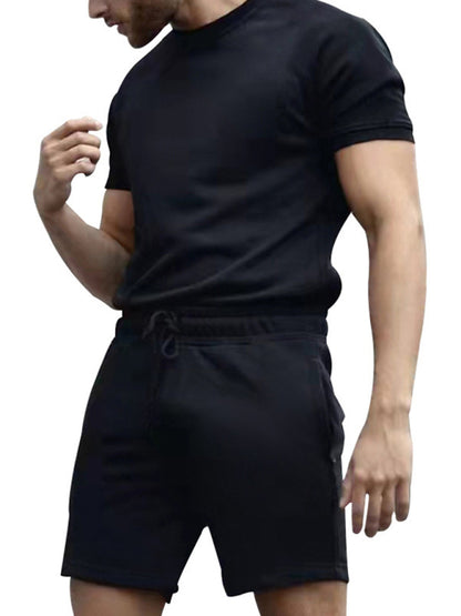 Men's casual fashion solid color short-sleeved T-shirt + quarter pants sports suit