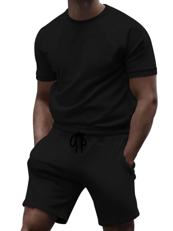 Men's casual fashion solid color short-sleeved T-shirt + quarter pants sports suit