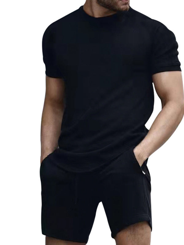 Men's casual fashion solid color short-sleeved T-shirt + quarter pants sports suit