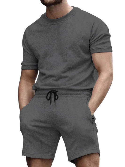 Men's casual fashion solid color short-sleeved T-shirt + quarter pants sports suit