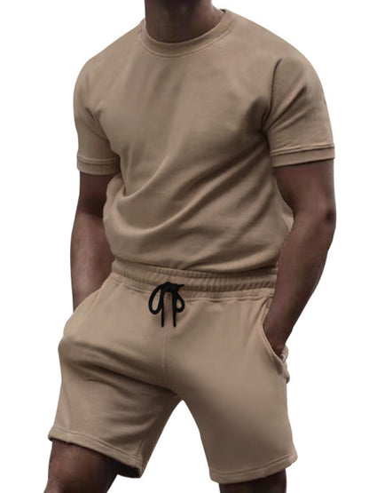 Men's casual fashion solid color short-sleeved T-shirt + quarter pants sports suit