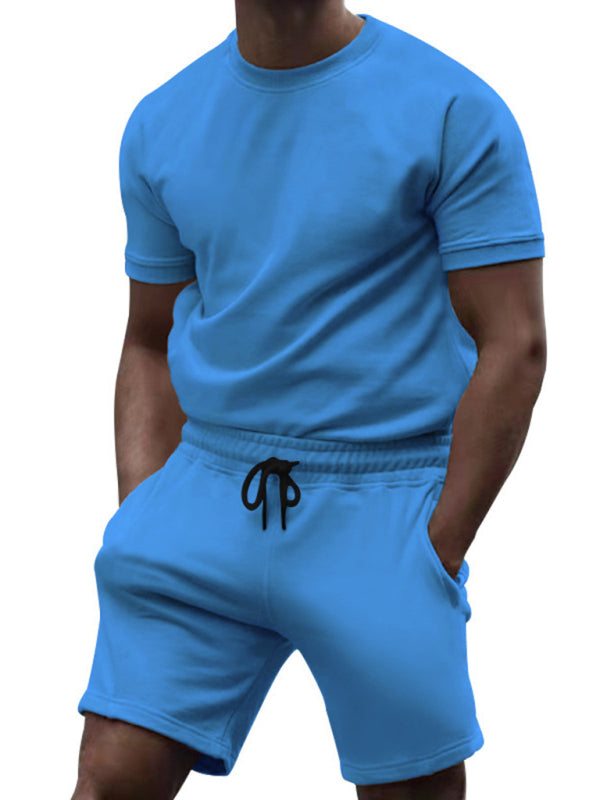 Men's casual fashion solid color short-sleeved T-shirt + quarter pants sports suit