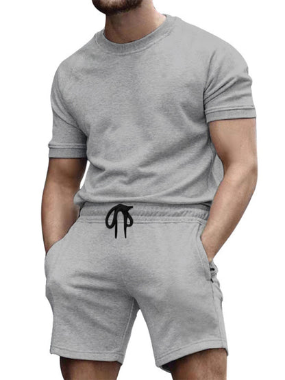 Men's casual fashion solid color short-sleeved T-shirt + quarter pants sports suit