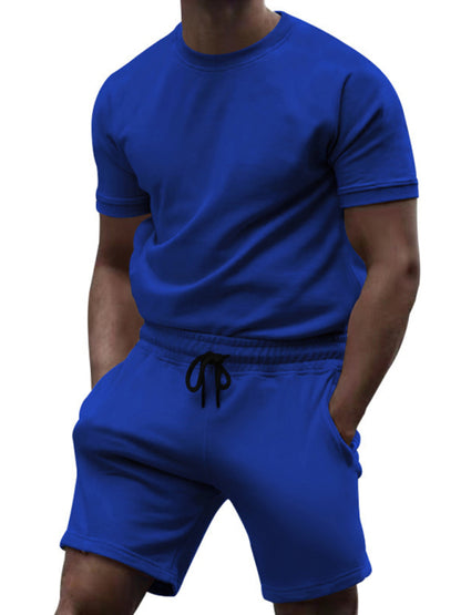 Men's casual fashion solid color short-sleeved T-shirt + quarter pants sports suit