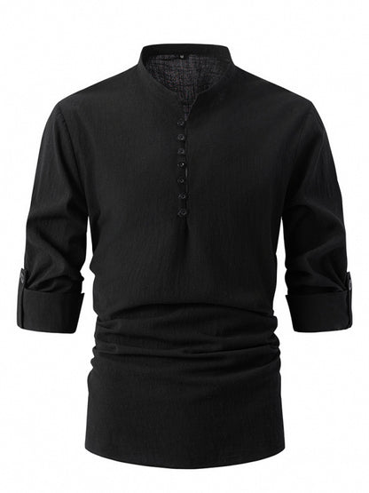 Men's Fashion Retro Stand Collar Slim Fit Casual Long Sleeve Shirt