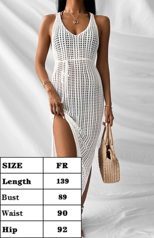 Sexy V-Neck Hollow Backless Hem Slit Sleeveless Dress Bikini Knit Cover-Up - FashionistaDeal