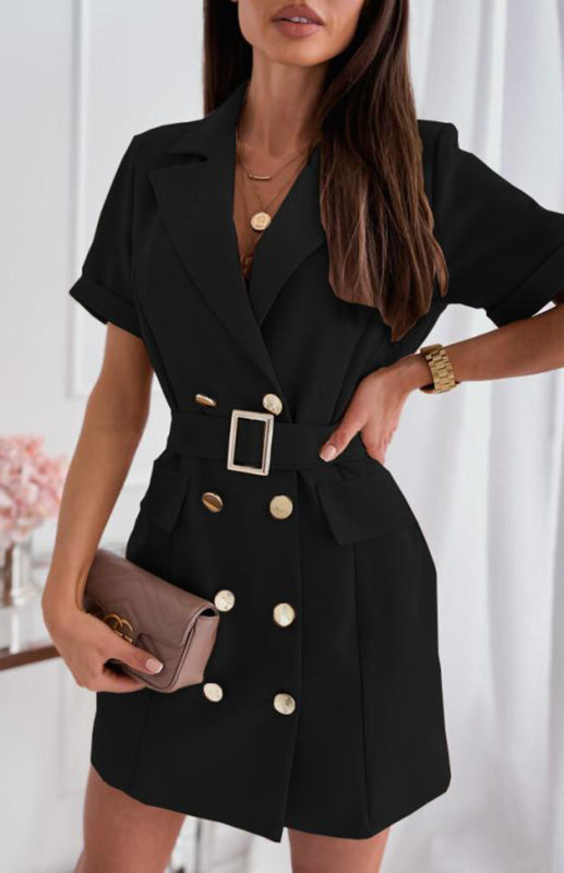 Ladies Double Breasted Button Suit Dress with Pockets and Belt - FashionistaDeal