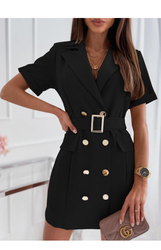 Ladies Double Breasted Button Suit Dress with Pockets and Belt - FashionistaDeal